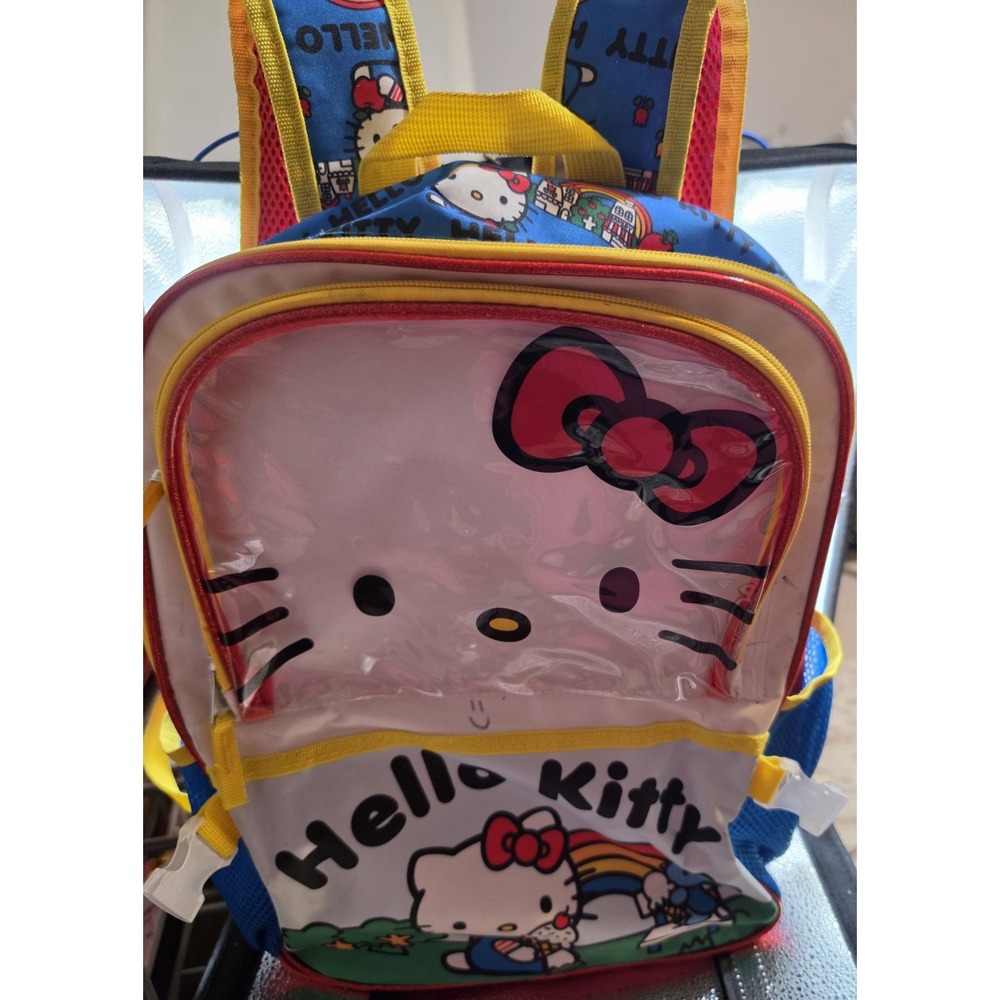 Hello Kitty Kids Backpack Clear Front Pocket Red Blue Yellow School Bag 16"